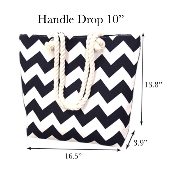 Large Black & White Chevron Canvas Tote Bag with Rope Handles - Picture 13 of 13